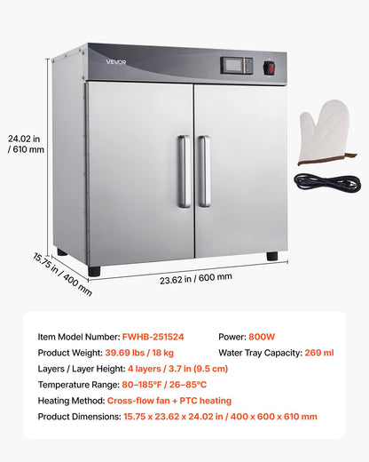 Electric Hot Box Food Warmer, 4-Tier Commercial Warming Cabinet with Water Tray, Double-Door and Adjustable Shelves, Stainless Steel Food Warmer Cabinet, for Restaurant, Kitchen, Pizza, Chicken