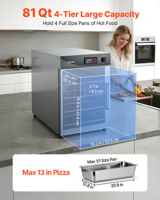 Electric Hot Box Food Warmer, 4-Tier Commercial Warming Cabinet with Water Tray, Single-Door and Adjustable Shelves, Stainless Steel Food Warmer Cabinet, for Restaurant, Kitchen, Pizza, Chicken