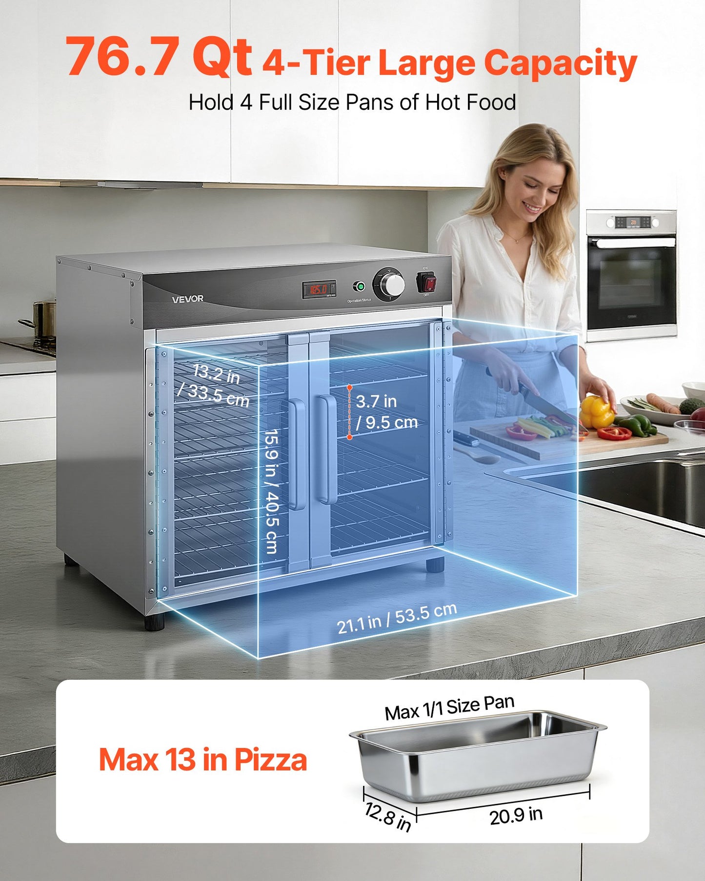 Electric Hot Box Food Warmer, 4-Tier Commercial Warming Cabinet with Water Tray, Glass Door and Adjustable Shelves, Stainless Steel Food Warmer Cabinet, for Restaurant, Kitchen, Pizza, Chicken
