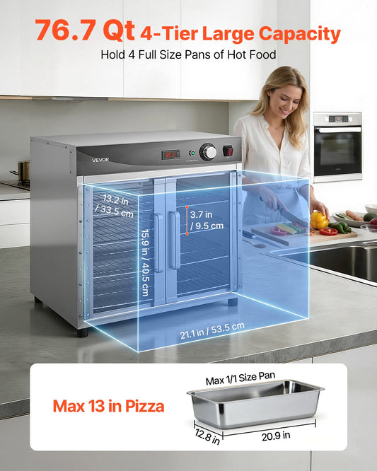 Electric Hot Box Food Warmer, 4-Tier Commercial Warming Cabinet with Water Tray, Glass Door and Adjustable Shelves, Stainless Steel Food Warmer Cabinet, for Restaurant, Kitchen, Pizza, Chicken
