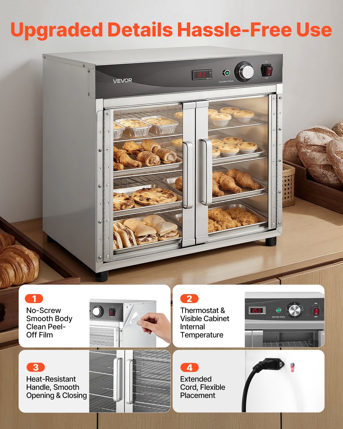 Electric Hot Box Food Warmer, 4-Tier Commercial Warming Cabinet with Water Tray, Glass Door and Adjustable Shelves, Stainless Steel Food Warmer Cabinet, for Restaurant, Kitchen, Pizza, Chicken