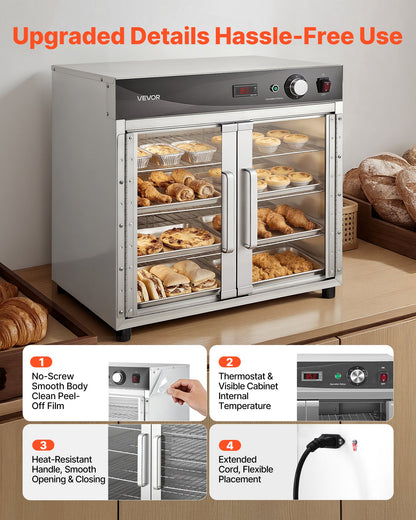 Electric Hot Box Food Warmer, 4-Tier Commercial Warming Cabinet with Water Tray, Glass Door and Adjustable Shelves, Stainless Steel Food Warmer Cabinet, for Restaurant, Kitchen, Pizza, Chicken