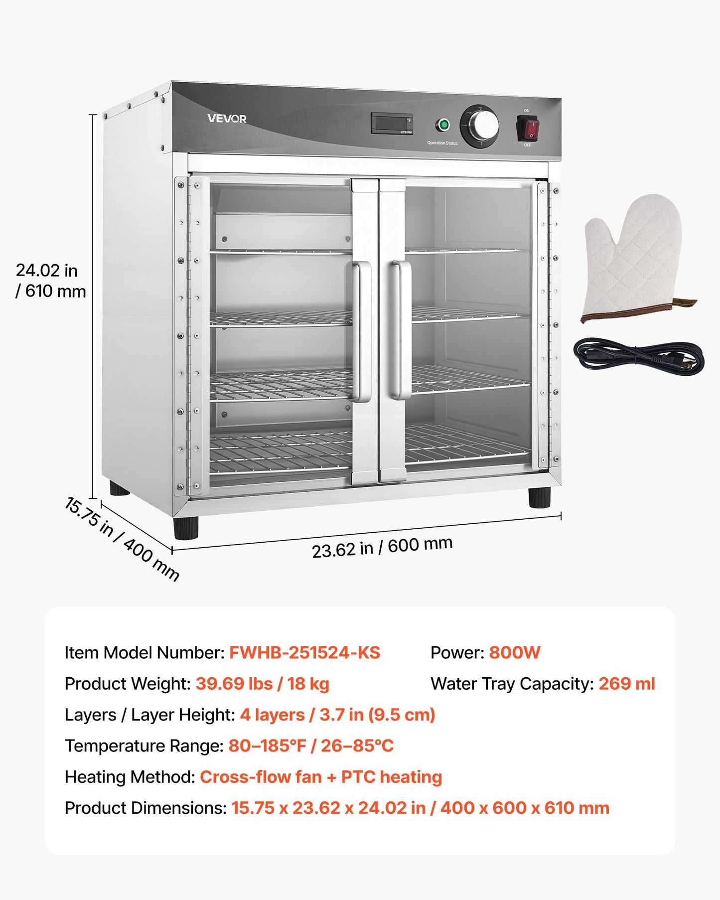 Electric Hot Box Food Warmer, 4-Tier Commercial Warming Cabinet with Water Tray, Glass Door and Adjustable Shelves, Stainless Steel Food Warmer Cabinet, for Restaurant, Kitchen, Pizza, Chicken