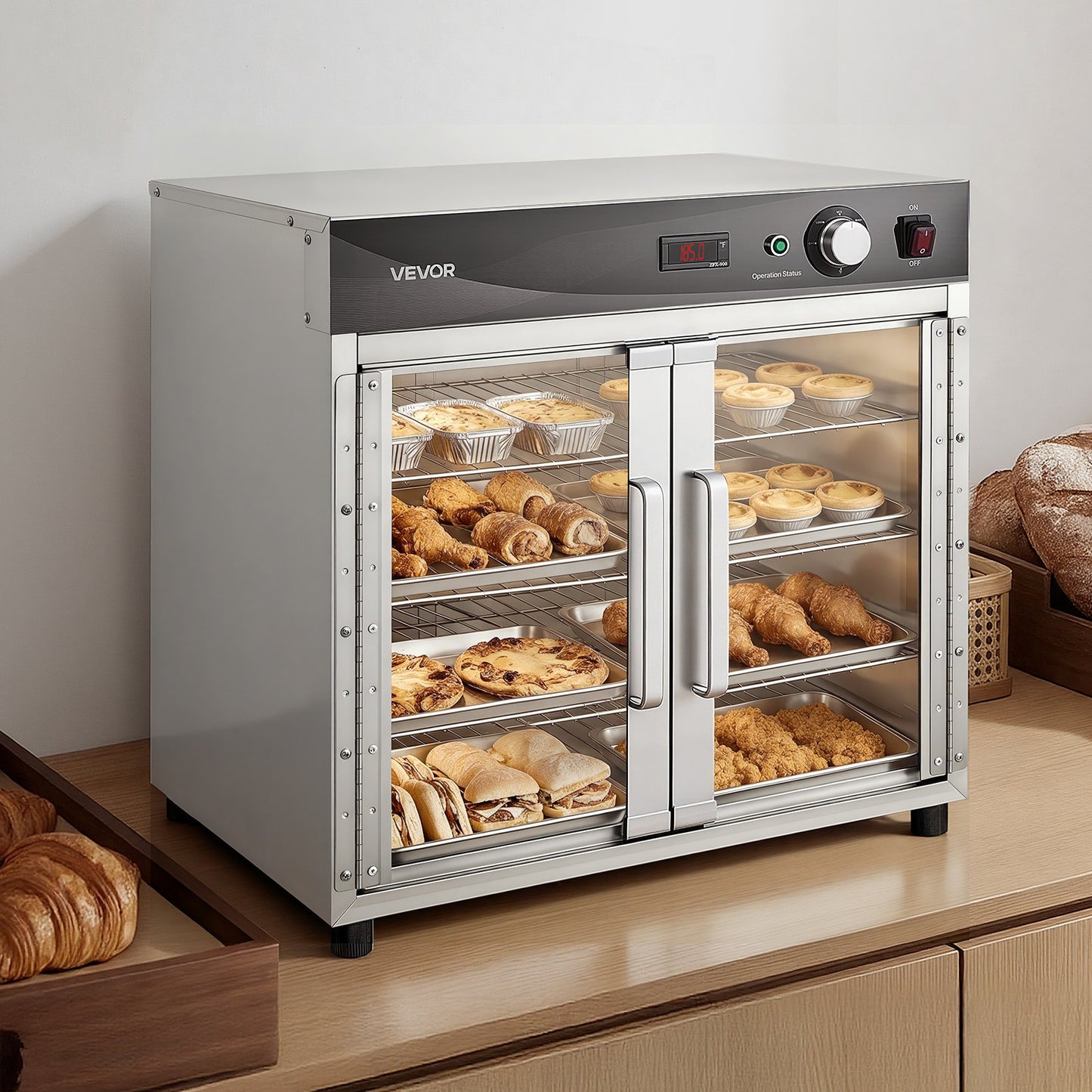 Electric Hot Box Food Warmer, 4-Tier Commercial Warming Cabinet with Water Tray, Glass Door and Adjustable Shelves, Stainless Steel Food Warmer Cabinet, for Restaurant, Kitchen, Pizza, Chicken