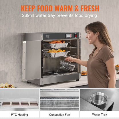 Hot Box Food Warmer, 4-Tier Concession Warmer with Water Tray, 4 Pans, Glass Double-door and Adjustable Shelves, Stainless Steel Food Warmer Cabinet, Ideal for Storing Pizza, Chicken, Restaurant
