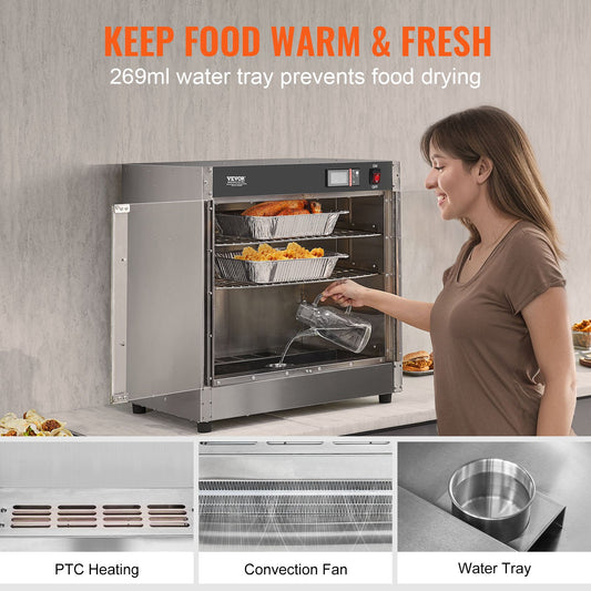 Hot Box Food Warmer, 4-Tier Concession Warmer with Water Tray, 4 Pans, Glass Double-door and Adjustable Shelves, Stainless Steel Food Warmer Cabinet, Ideal for Storing Pizza, Chicken, Restaurant