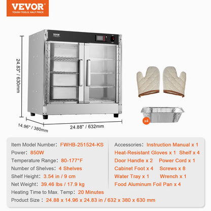 Hot Box Food Warmer, 4-Tier Concession Warmer with Water Tray, 4 Pans, Glass Double-door and Adjustable Shelves, Stainless Steel Food Warmer Cabinet, Ideal for Storing Pizza, Chicken, Restaurant