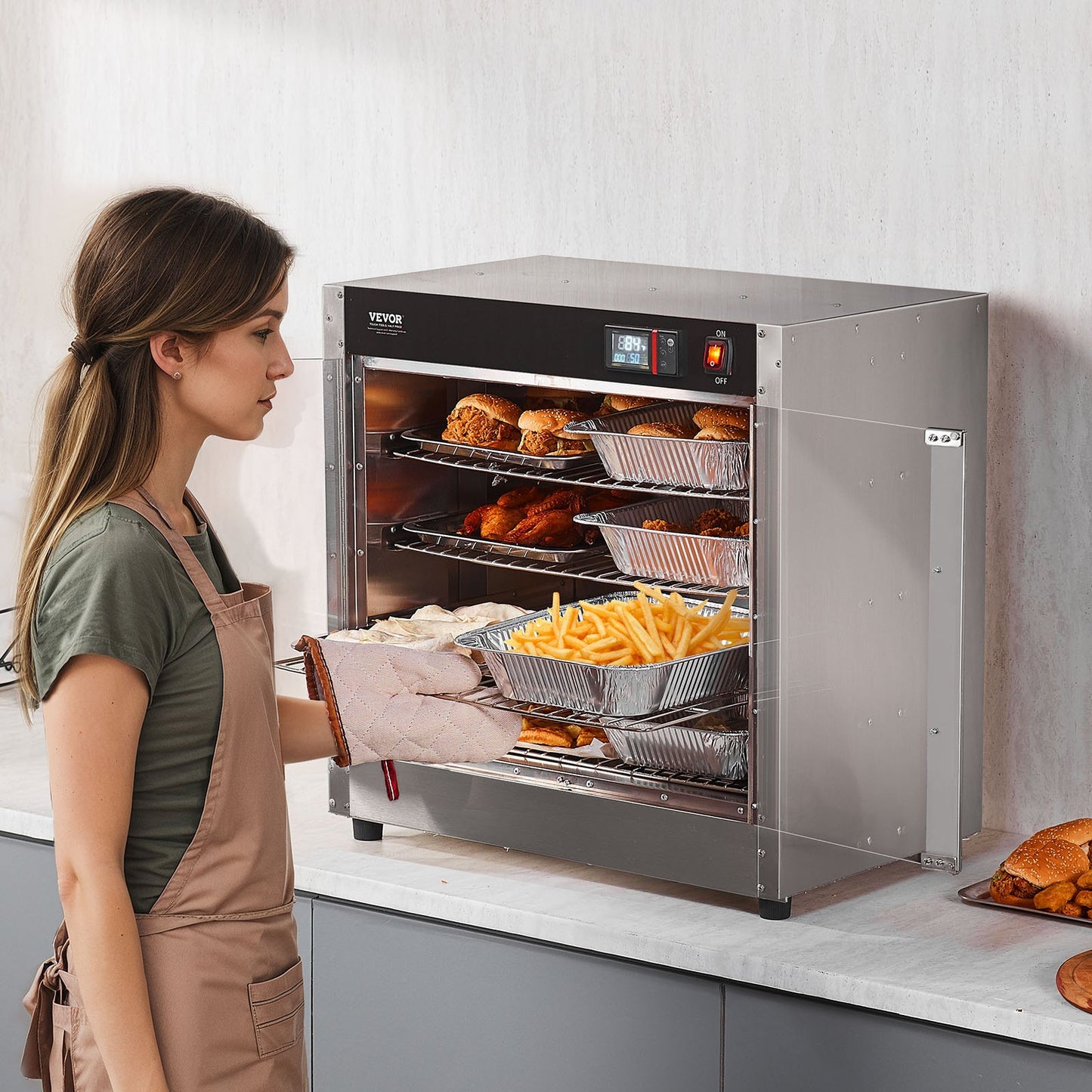 Hot Box Food Warmer, 4-Tier Concession Warmer with Water Tray, 4 Pans, Glass Double-door and Adjustable Shelves, Stainless Steel Food Warmer Cabinet, Ideal for Storing Pizza, Chicken, Restaurant