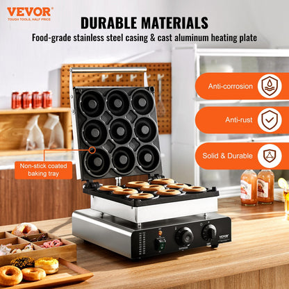 2000W Double-Sided Donut Maker, 9 Holes, Non-Stick, for Home & Restaurant Use