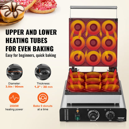 VEVOR Electric Donut Maker, 2000W Commercial Doughnut Machine with Non-stick Surface,