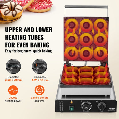 2000W Double-Sided Donut Maker, 9 Holes, Non-Stick, for Home & Restaurant Use