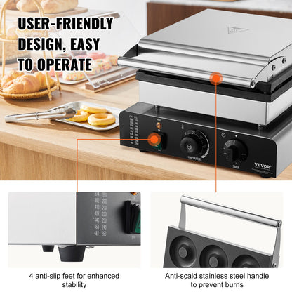 VEVOR Electric Donut Maker, 2000W Commercial Doughnut Machine with Non-stick Surface,