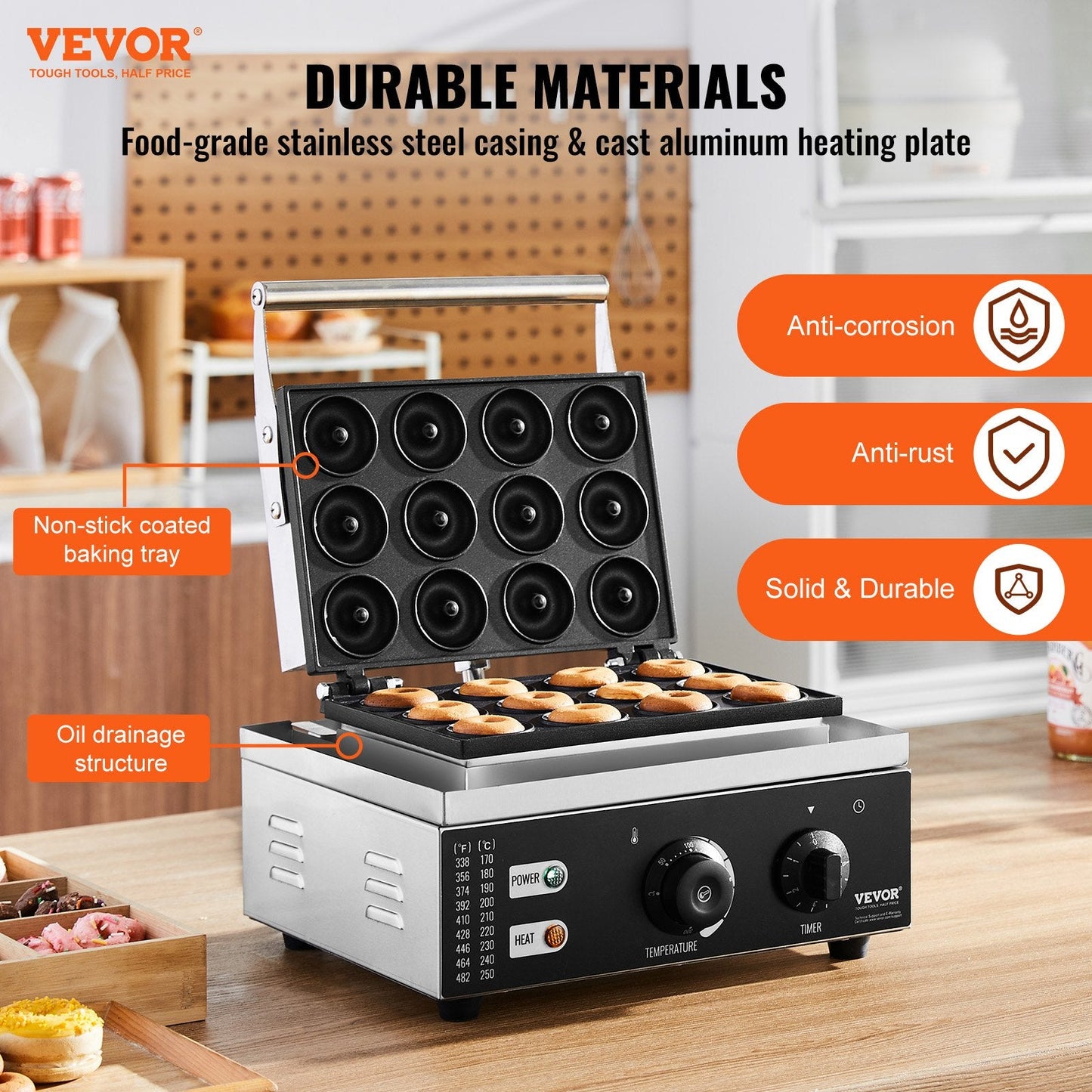 Electric Donut Maker, 1550W, Non-stick, 12 Donuts, 50-300°C, Commercial Use
