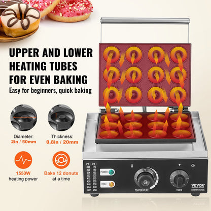 Electric Donut Maker, 1550W, Non-stick, 12 Donuts, 50-300°C, Commercial Use