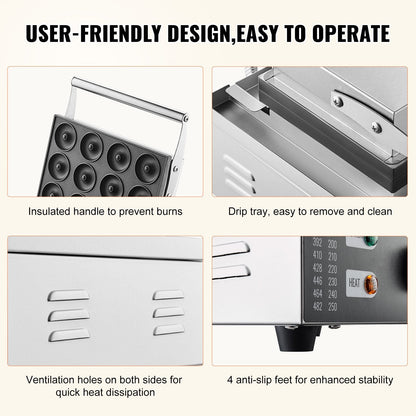 Electric Donut Maker, 1550W, Non-stick, 12 Donuts, 50-300°C, Commercial Use