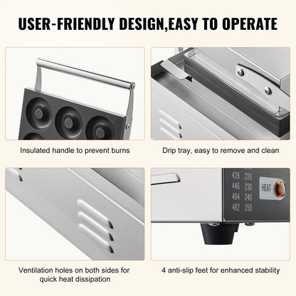 Electric Donut Maker, 1550W, Non-stick, 6 Donuts, 0.36x0.33x0.24m, 7.5kg