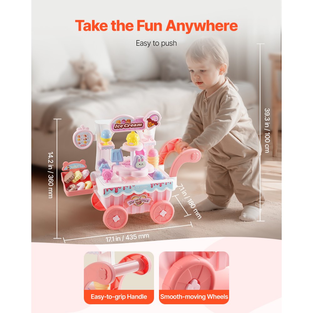 VEVOR Ice Cream Cart for Kids Pretend Play Ice Cream Shop for Kids Aged 3+ Pink