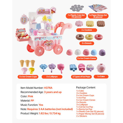 VEVOR Ice Cream Cart for Kids Pretend Play Ice Cream Shop for Kids Aged 3+ Pink