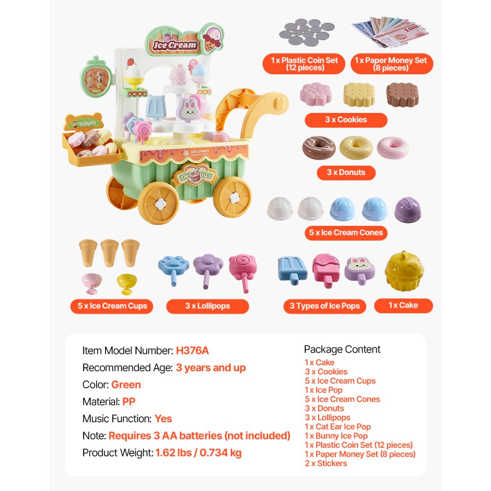 VEVOR Ice Cream Cart for Kids Pretend Play Ice Cream Shop for Kids Aged 3+