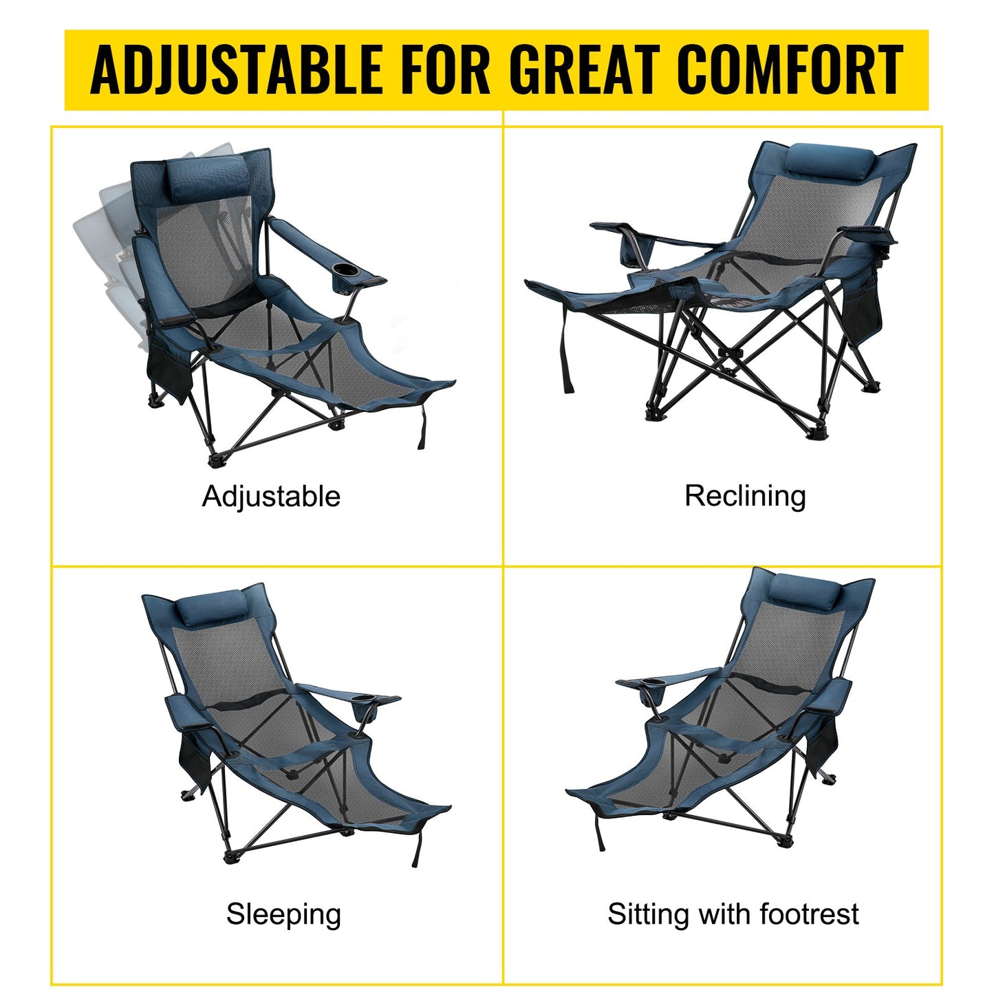 VEVOR Reclining Folding Camp Chair with Footrest Mesh Lounge Chaise