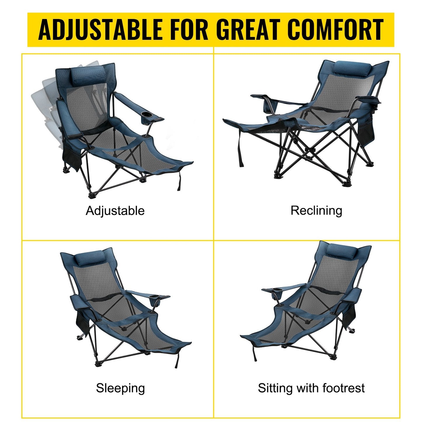 Reclining Folding Camp Chair with Footrest and Mesh, 150 kg Capacity