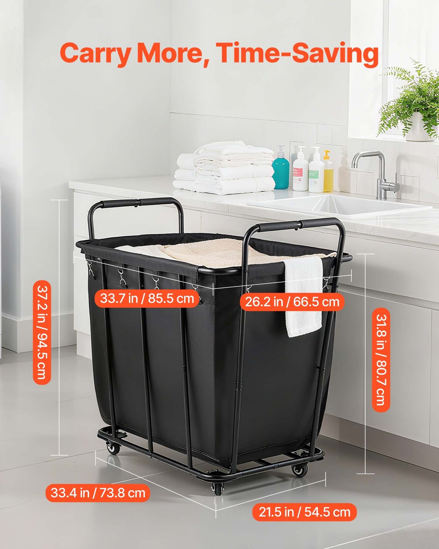 Laundry Cart, Rolling Grocery Utility Cart with Waterproof Liner & Swivel Wheels, 118 KG Large Load Capacity, Heavy Duty Shopping Basket for Laundry, Shopping, Camping, Grocery, Luggage, Black