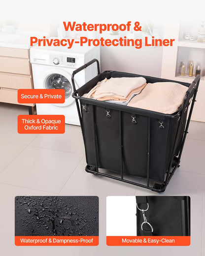 Laundry Cart, Rolling Grocery Utility Cart with Waterproof Liner & Swivel Wheels, 118 KG Large Load Capacity, Heavy Duty Shopping Basket for Laundry, Shopping, Camping, Grocery, Luggage, Black