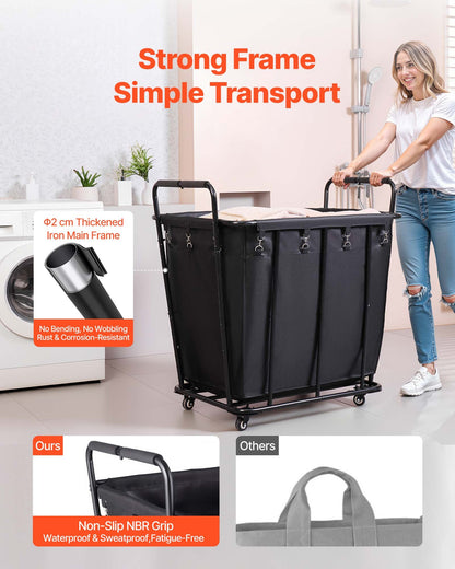 Laundry Cart, Rolling Grocery Utility Cart with Waterproof Liner & Swivel Wheels, 118 KG Large Load Capacity, Heavy Duty Shopping Basket for Laundry, Shopping, Camping, Grocery, Luggage, Black