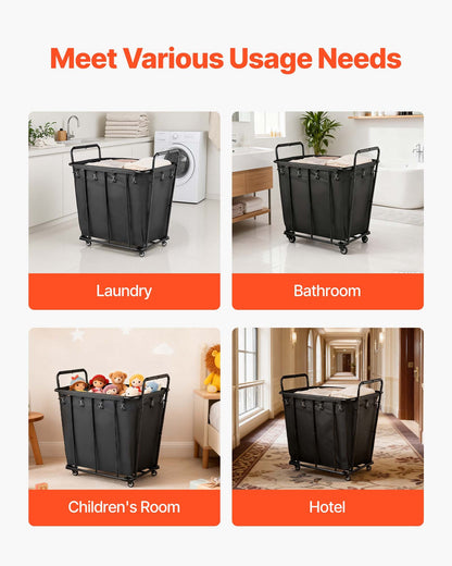 Laundry Cart, Rolling Grocery Utility Cart with Waterproof Liner & Swivel Wheels, 118 KG Large Load Capacity, Heavy Duty Shopping Basket for Laundry, Shopping, Camping, Grocery, Luggage, Black