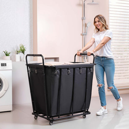Laundry Cart, Rolling Grocery Utility Cart with Waterproof Liner & Swivel Wheels, 118 KG Large Load Capacity, Heavy Duty Shopping Basket for Laundry, Shopping, Camping, Grocery, Luggage, Black