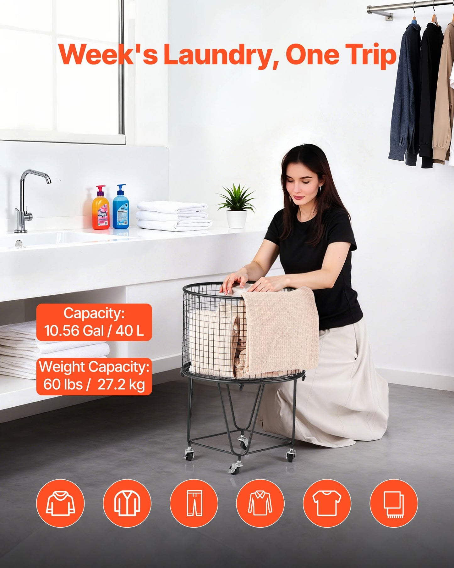 Laundry Cart, Rolling Round Grocery Utility Cart with 360° Swivel Wheels, 27 KG Large Load Capacity, Heavy Duty Carbon Steel Shopping Basket for Laundry, Shopping, Camping, Grocery, Luggage