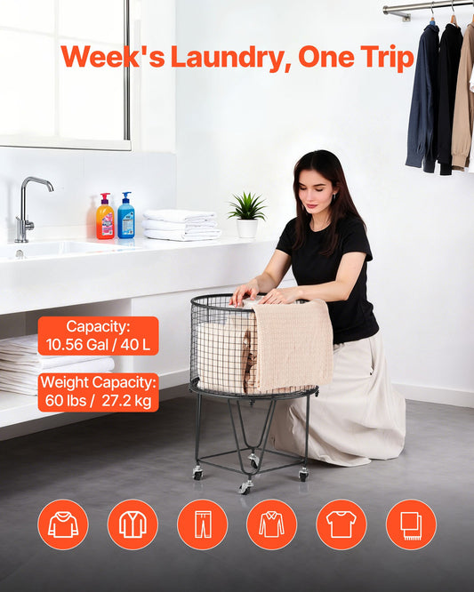 Laundry Cart, Rolling Round Grocery Utility Cart with 360° Swivel Wheels, 27 KG Large Load Capacity, Heavy Duty Carbon Steel Shopping Basket for Laundry, Shopping, Camping, Grocery, Luggage