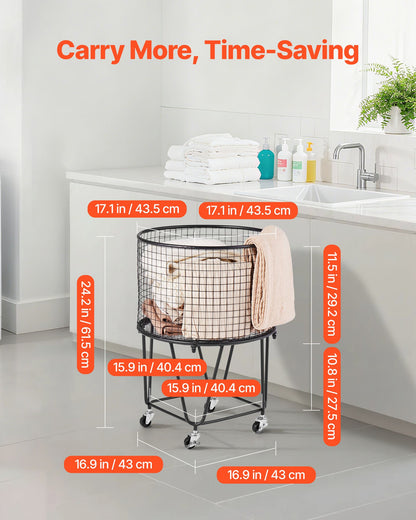 Laundry Cart, Rolling Round Grocery Utility Cart with 360° Swivel Wheels, 27 KG Large Load Capacity, Heavy Duty Carbon Steel Shopping Basket for Laundry, Shopping, Camping, Grocery, Luggage