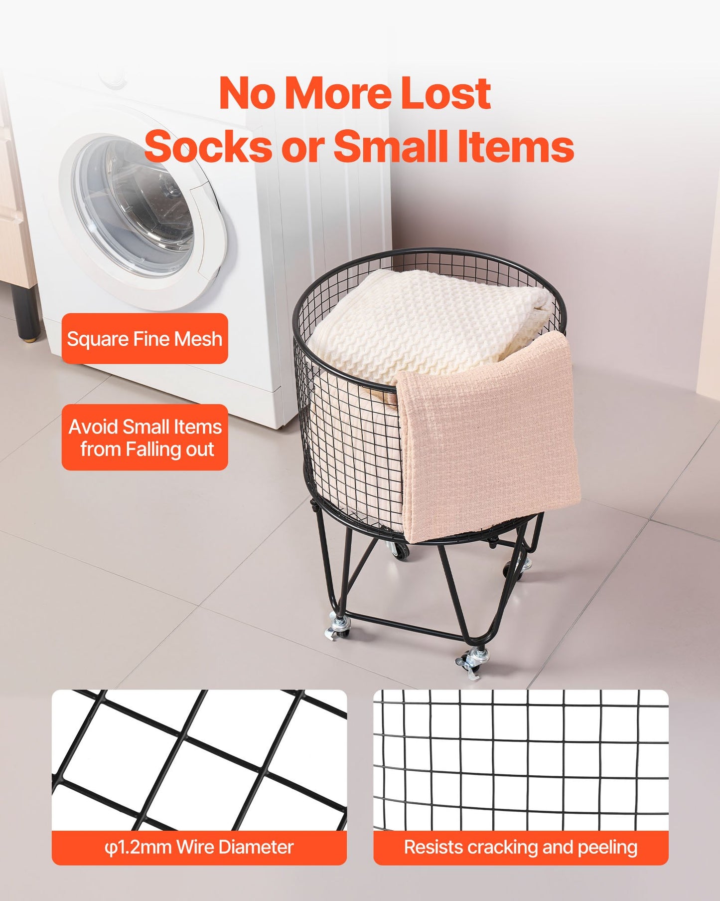 Laundry Cart, Rolling Round Grocery Utility Cart with 360° Swivel Wheels, 27 KG Large Load Capacity, Heavy Duty Carbon Steel Shopping Basket for Laundry, Shopping, Camping, Grocery, Luggage
