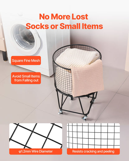 Laundry Cart, Rolling Round Grocery Utility Cart with 360° Swivel Wheels, 27 KG Large Load Capacity, Heavy Duty Carbon Steel Shopping Basket for Laundry, Shopping, Camping, Grocery, Luggage