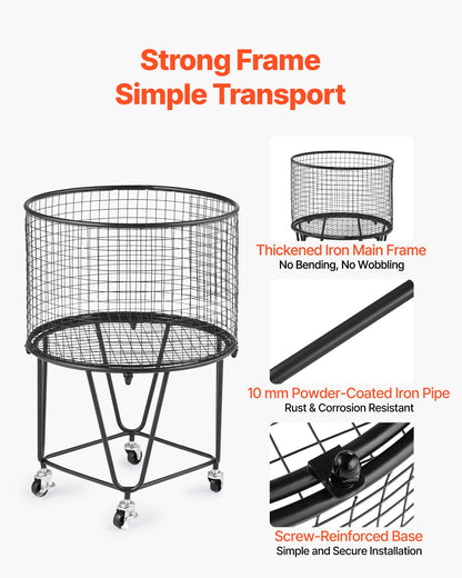 Laundry Cart, Rolling Round Grocery Utility Cart with 360° Swivel Wheels, 27 KG Large Load Capacity, Heavy Duty Carbon Steel Shopping Basket for Laundry, Shopping, Camping, Grocery, Luggage