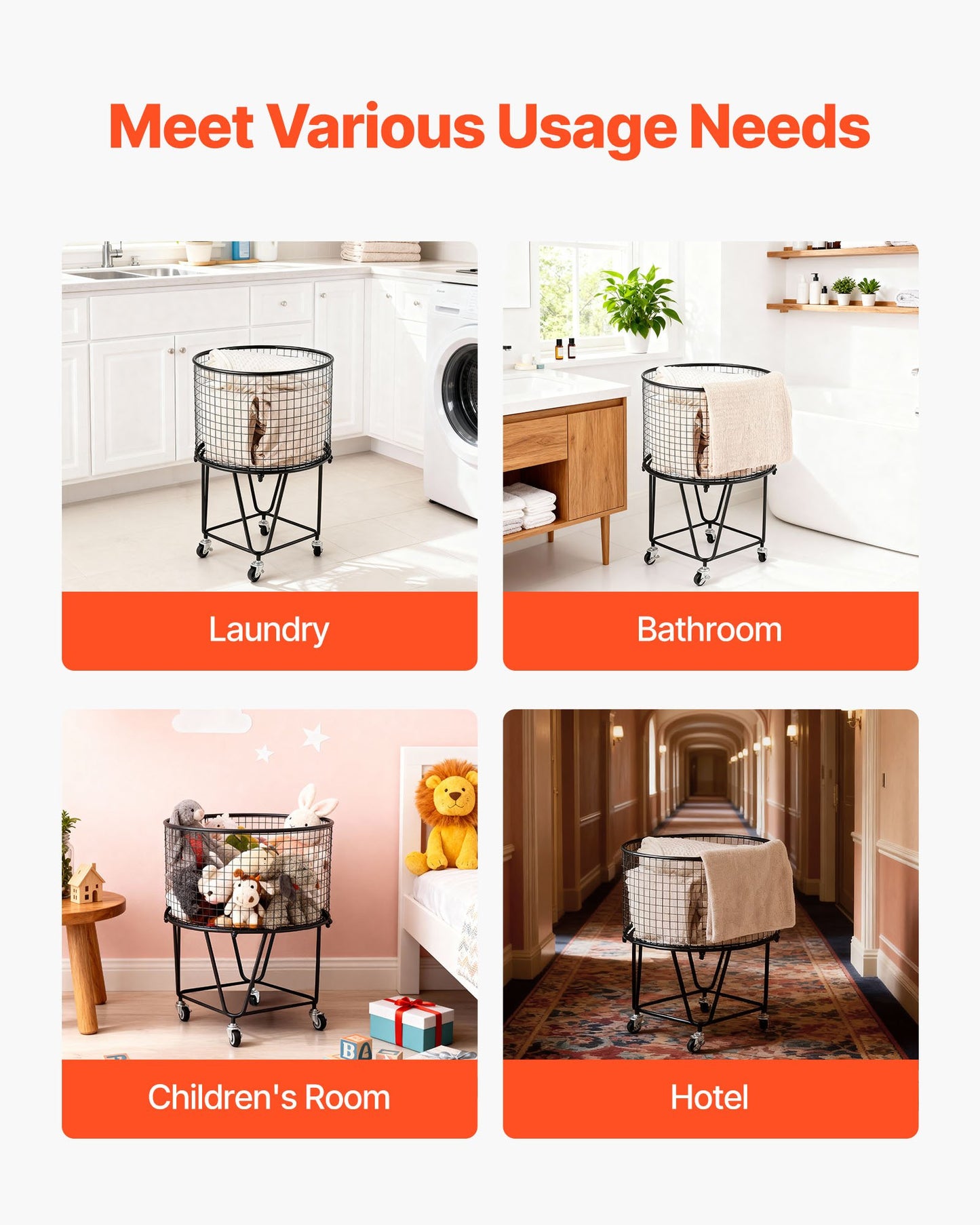 Laundry Cart, Rolling Round Grocery Utility Cart with 360° Swivel Wheels, 27 KG Large Load Capacity, Heavy Duty Carbon Steel Shopping Basket for Laundry, Shopping, Camping, Grocery, Luggage