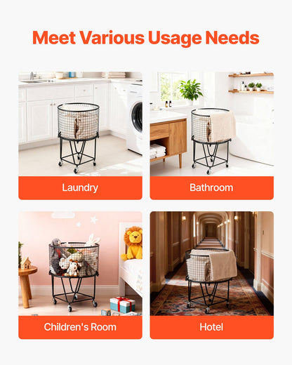 Laundry Cart, Rolling Round Grocery Utility Cart with 360° Swivel Wheels, 27 KG Large Load Capacity, Heavy Duty Carbon Steel Shopping Basket for Laundry, Shopping, Camping, Grocery, Luggage