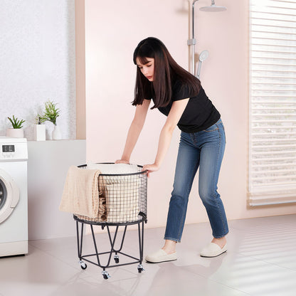 Laundry Cart, Rolling Round Grocery Utility Cart with 360° Swivel Wheels, 27 KG Large Load Capacity, Heavy Duty Carbon Steel Shopping Basket for Laundry, Shopping, Camping, Grocery, Luggage