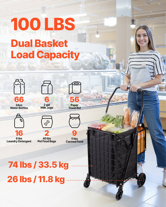 Shopping Cart, Folding Grocery Utility Cart with Dual Baskets, Waterproof Liner & Wheels, 45 KG Large Load Capacity, Heavy Duty Laundry Basket for Laundry, Shopping, Camping, Grocery, Luggage