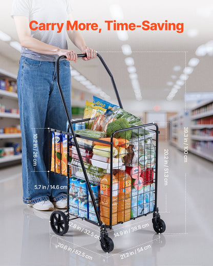 Shopping Cart, Folding Grocery Utility Cart with Dual Baskets, Waterproof Liner & Wheels, 45 KG Large Load Capacity, Heavy Duty Laundry Basket for Laundry, Shopping, Camping, Grocery, Luggage