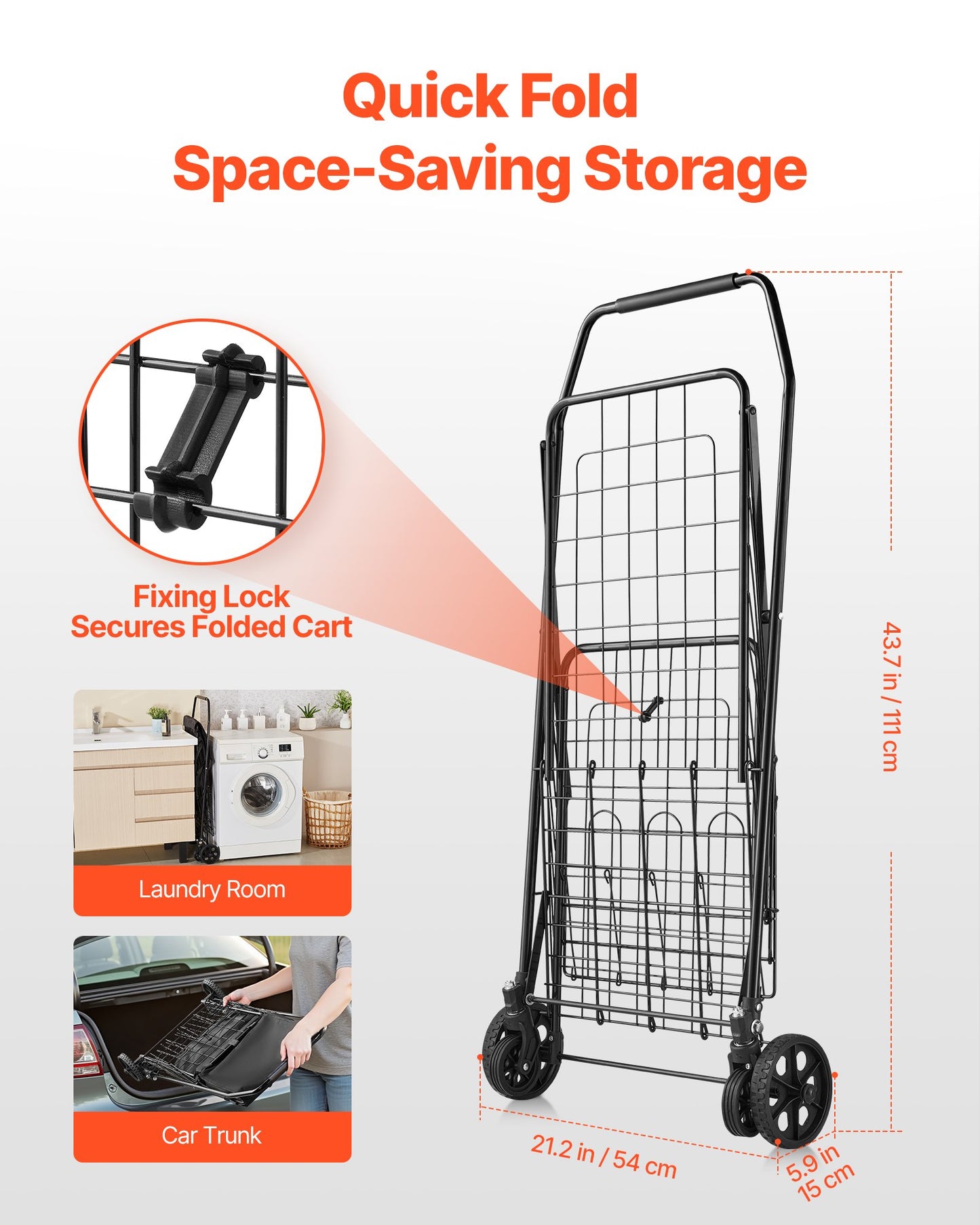 Shopping Cart, Folding Grocery Utility Cart with Dual Baskets, Waterproof Liner & Wheels, 45 KG Large Load Capacity, Heavy Duty Laundry Basket for Laundry, Shopping, Camping, Grocery, Luggage