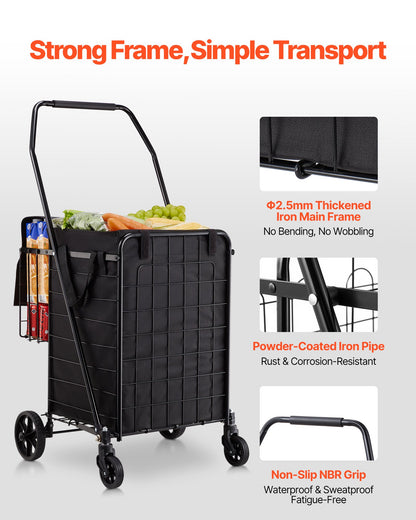 Shopping Cart, Folding Grocery Utility Cart with Dual Baskets, Waterproof Liner & Wheels, 45 KG Large Load Capacity, Heavy Duty Laundry Basket for Laundry, Shopping, Camping, Grocery, Luggage