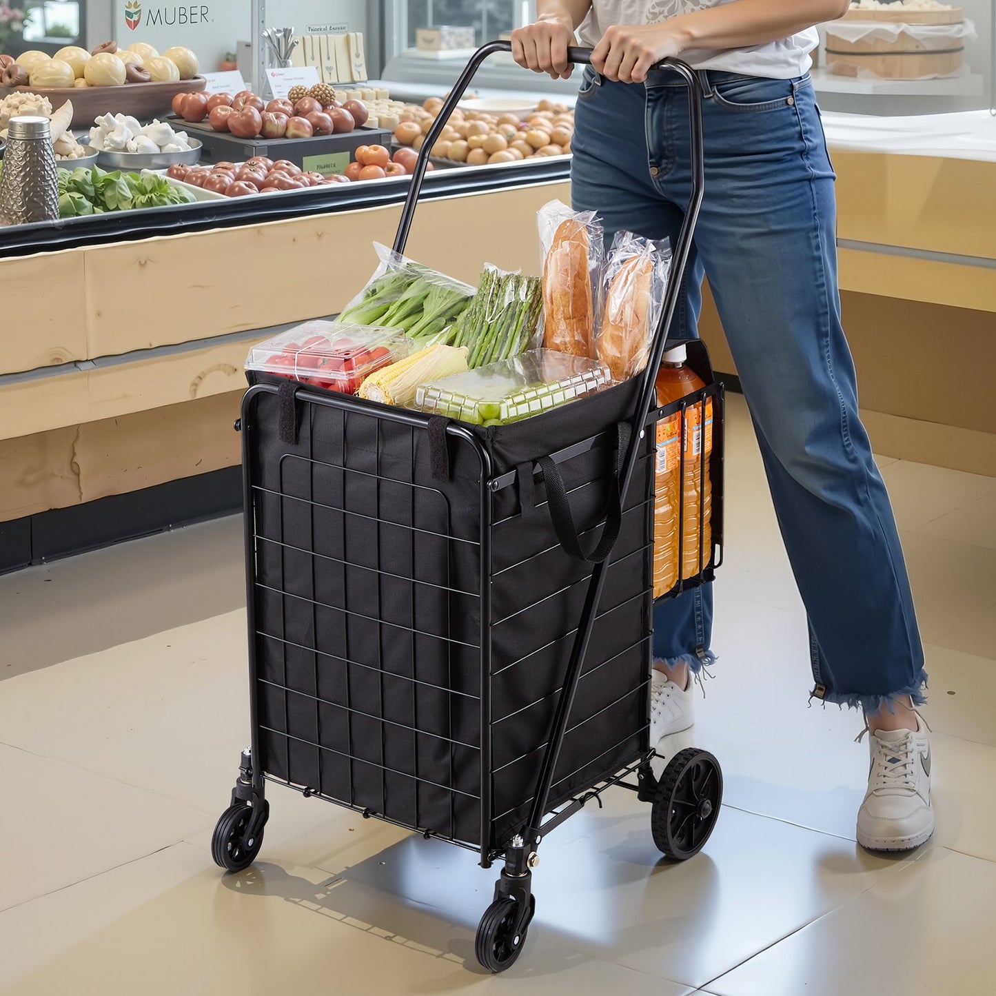 Shopping Cart, Folding Grocery Utility Cart with Dual Baskets, Waterproof Liner & Wheels, 45 KG Large Load Capacity, Heavy Duty Laundry Basket for Laundry, Shopping, Camping, Grocery, Luggage