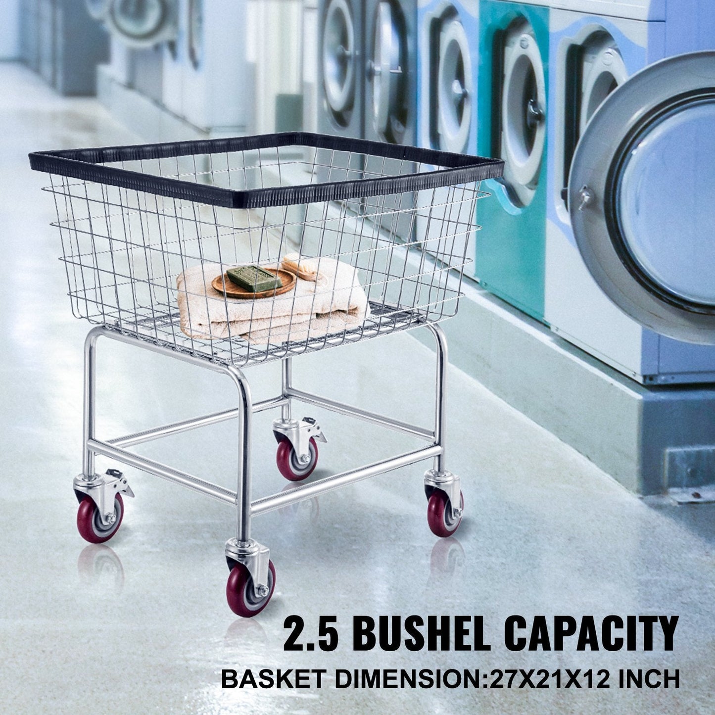 Commercial Wire Laundry Cart with Wheels, 2.5 Bushel, Galvanized Steel Frame