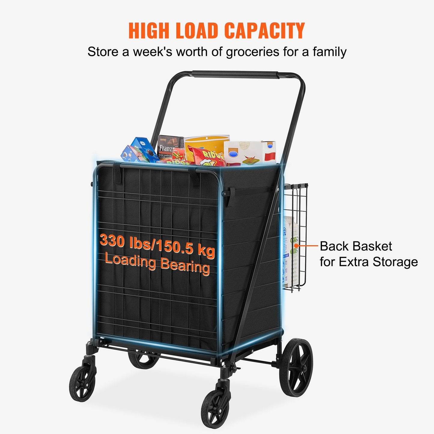 Folding Shopping Cart with Double Baskets, 150 kg Capacity, Easy to Store