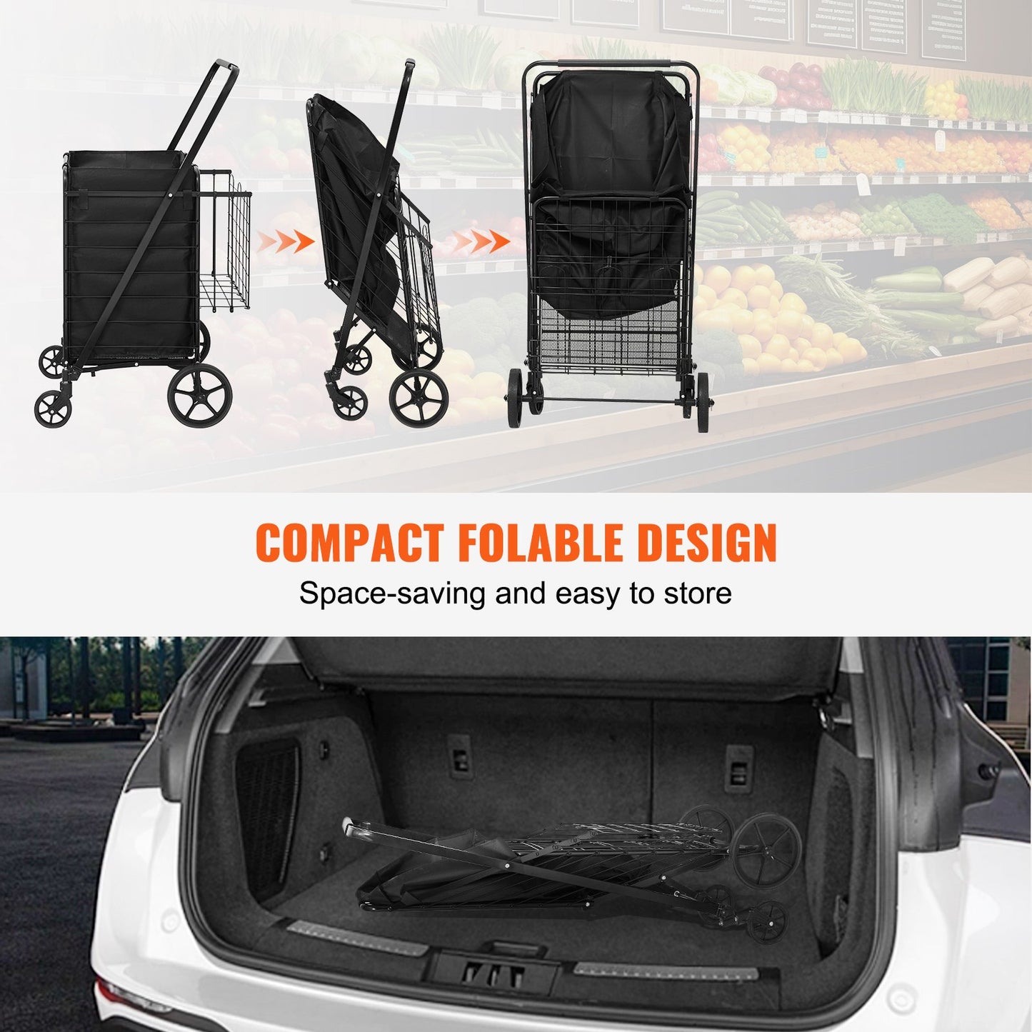 VEVOR Folding Shopping Cart Rolling Grocery Cart with Double Baskets 330 LBS