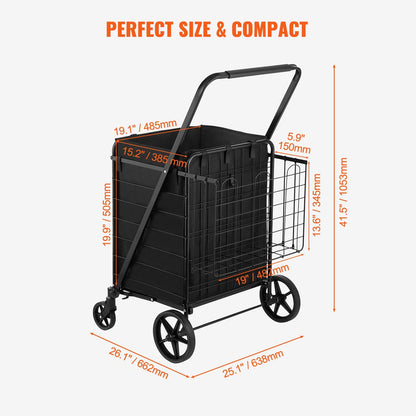 Folding Shopping Cart with Double Baskets, 150 kg Capacity, Easy to Store