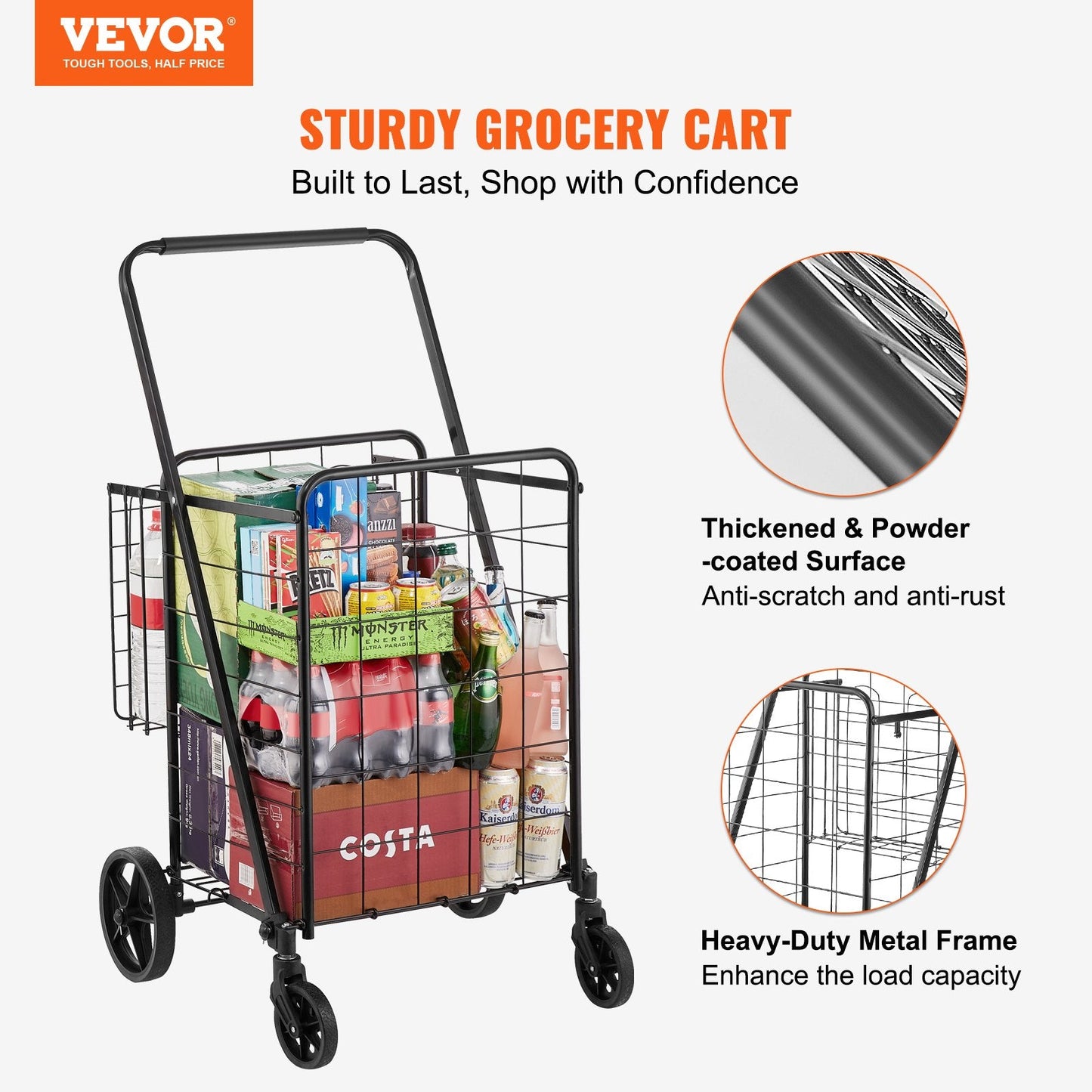 Folding Utility Cart with Double Baskets, 50 kg Capacity, 360° Swivel Wheels