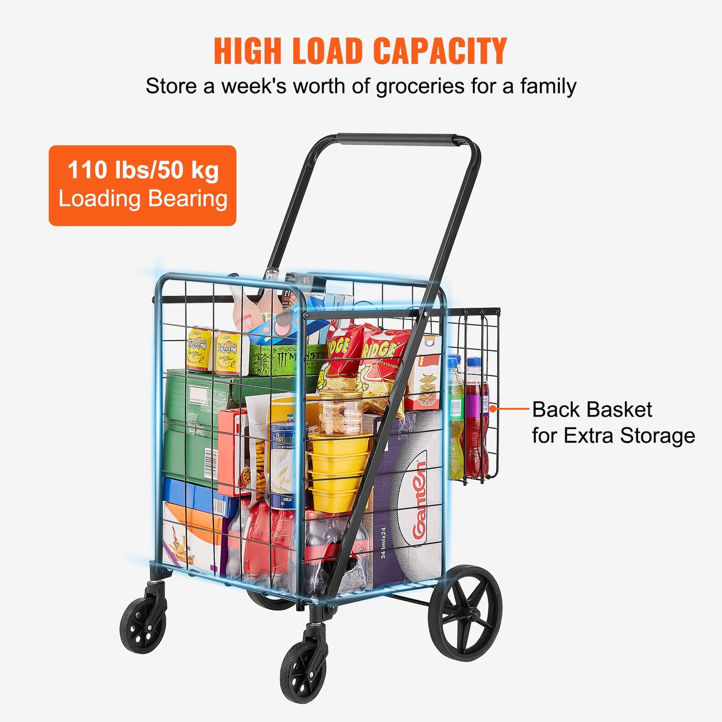 VEVOR Folding Shopping Cart, Jumbo Grocery Cart with Double Baskets, 360° Swivel